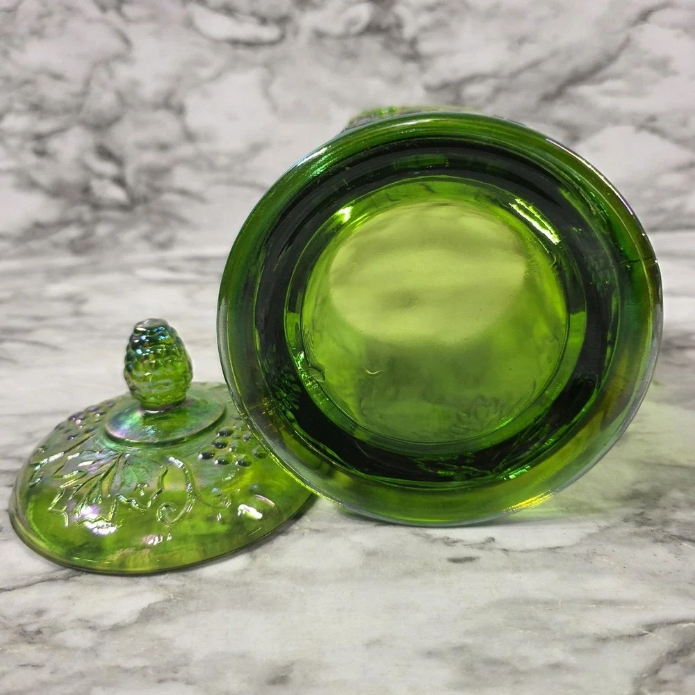 Indiana Glass Green Iridescent Carnival Glass Harvest Grape Canister w/Lid